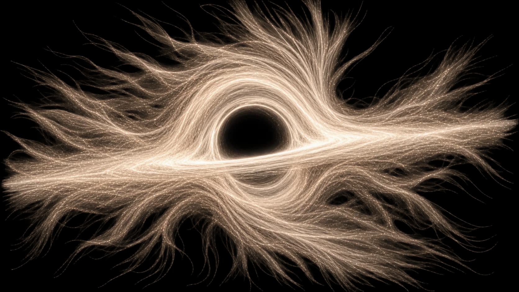 A black hole ringed by filaments of light bending around its shadow
