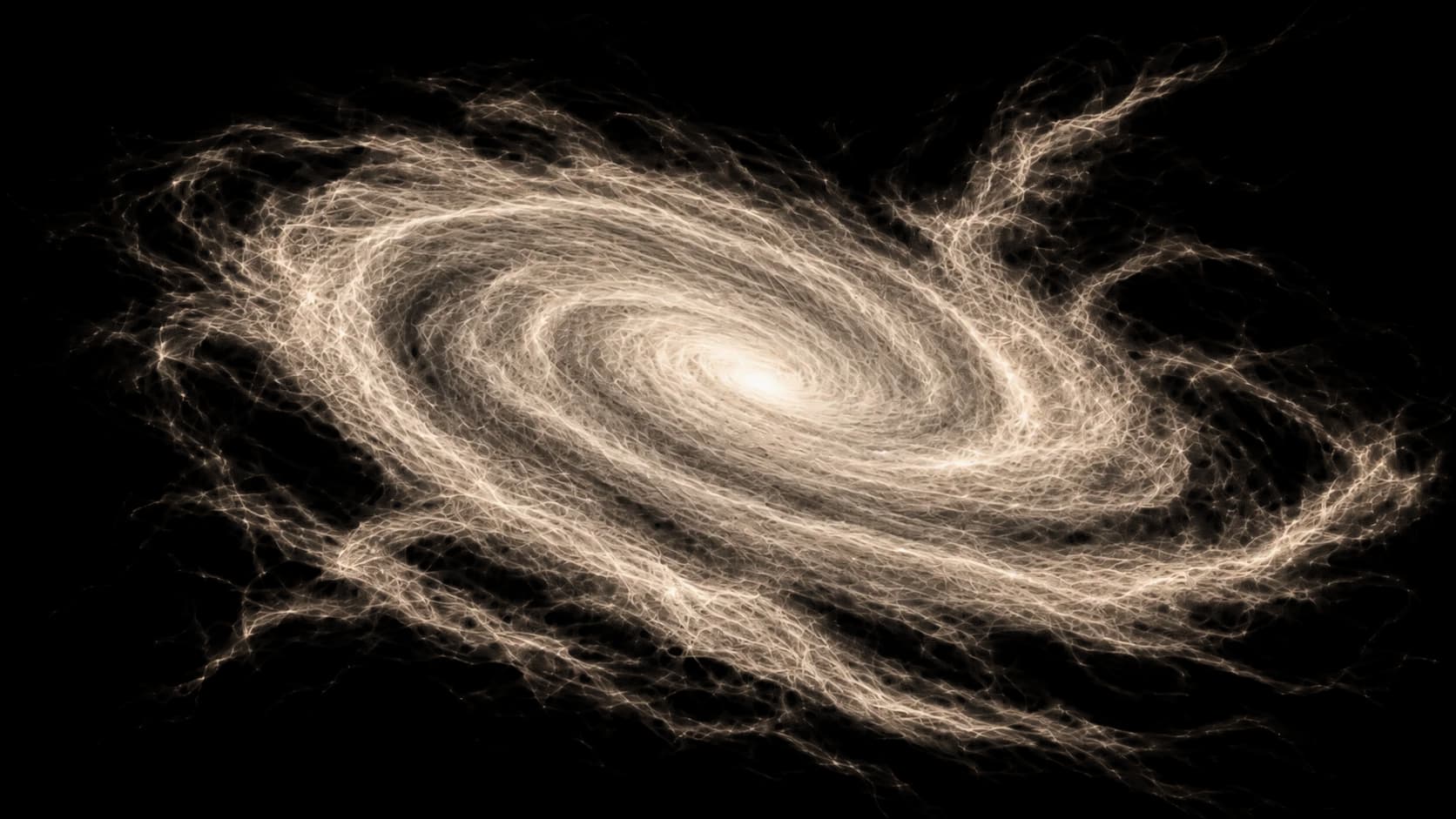 A spiral galaxy rendered as fine filaments winding around a bright core
