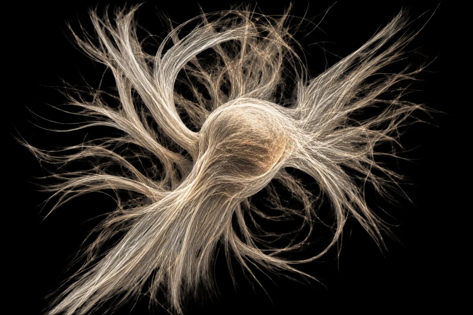 A neuron-like form rendered as thousands of fine filaments radiating outward