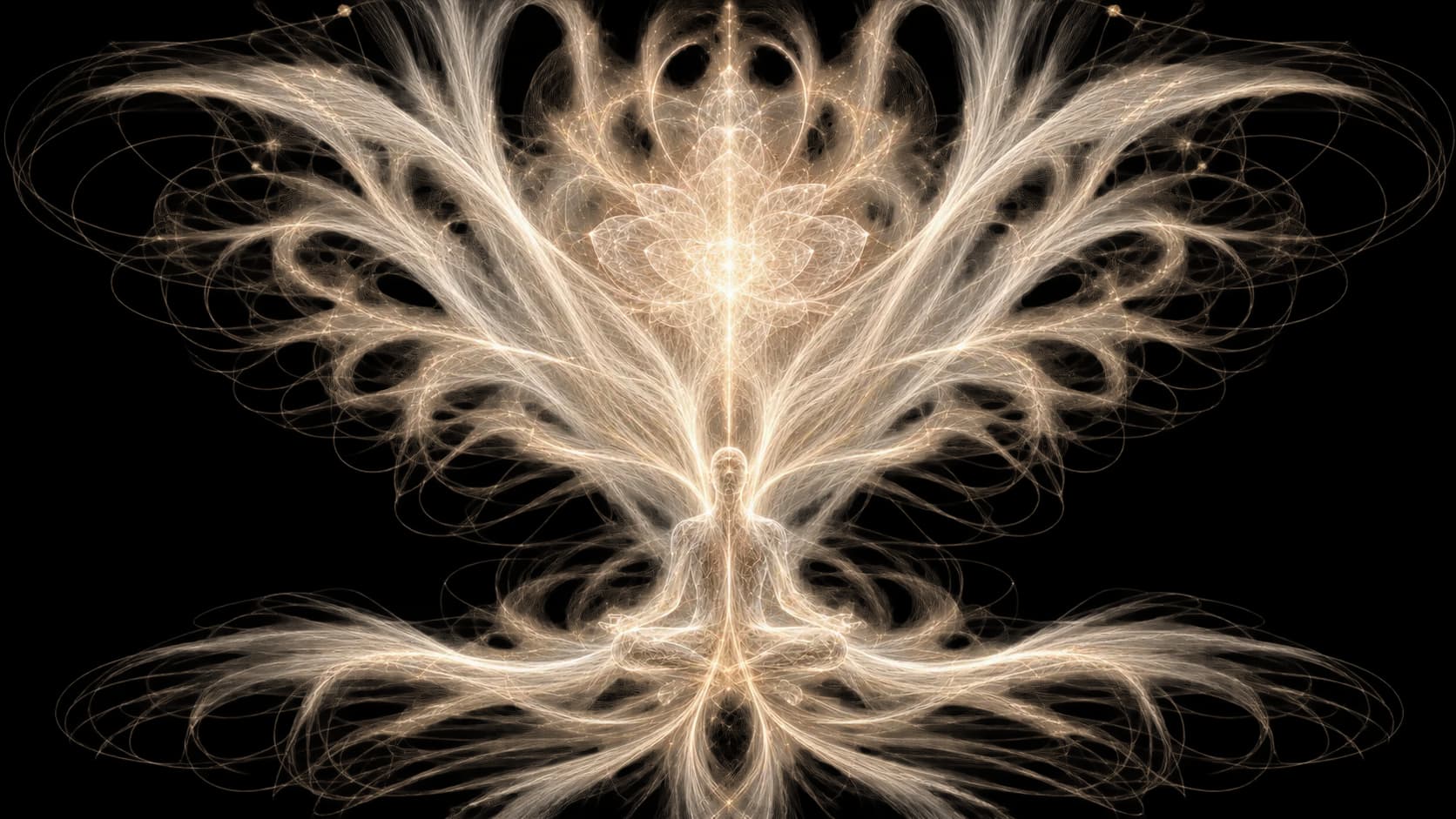 A seated figure with filaments fanning outward into symmetrical wings of light