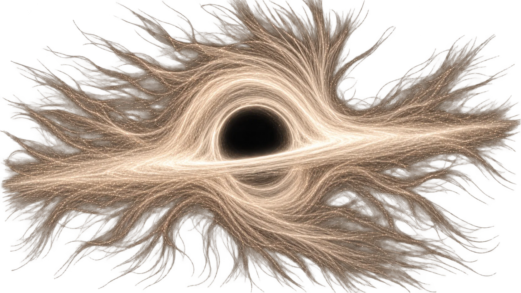 A black hole ringed by filaments of light bending around its shadow