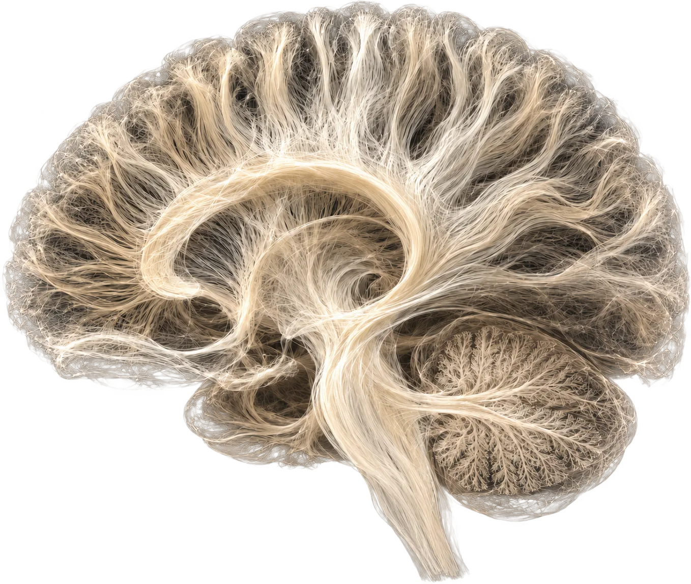 Diffusion tractography of a human brain rendered as thousands of fine filaments