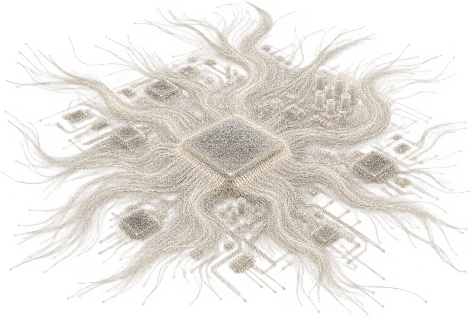 A processor die rendered as fine filaments radiating outward across a circuit board