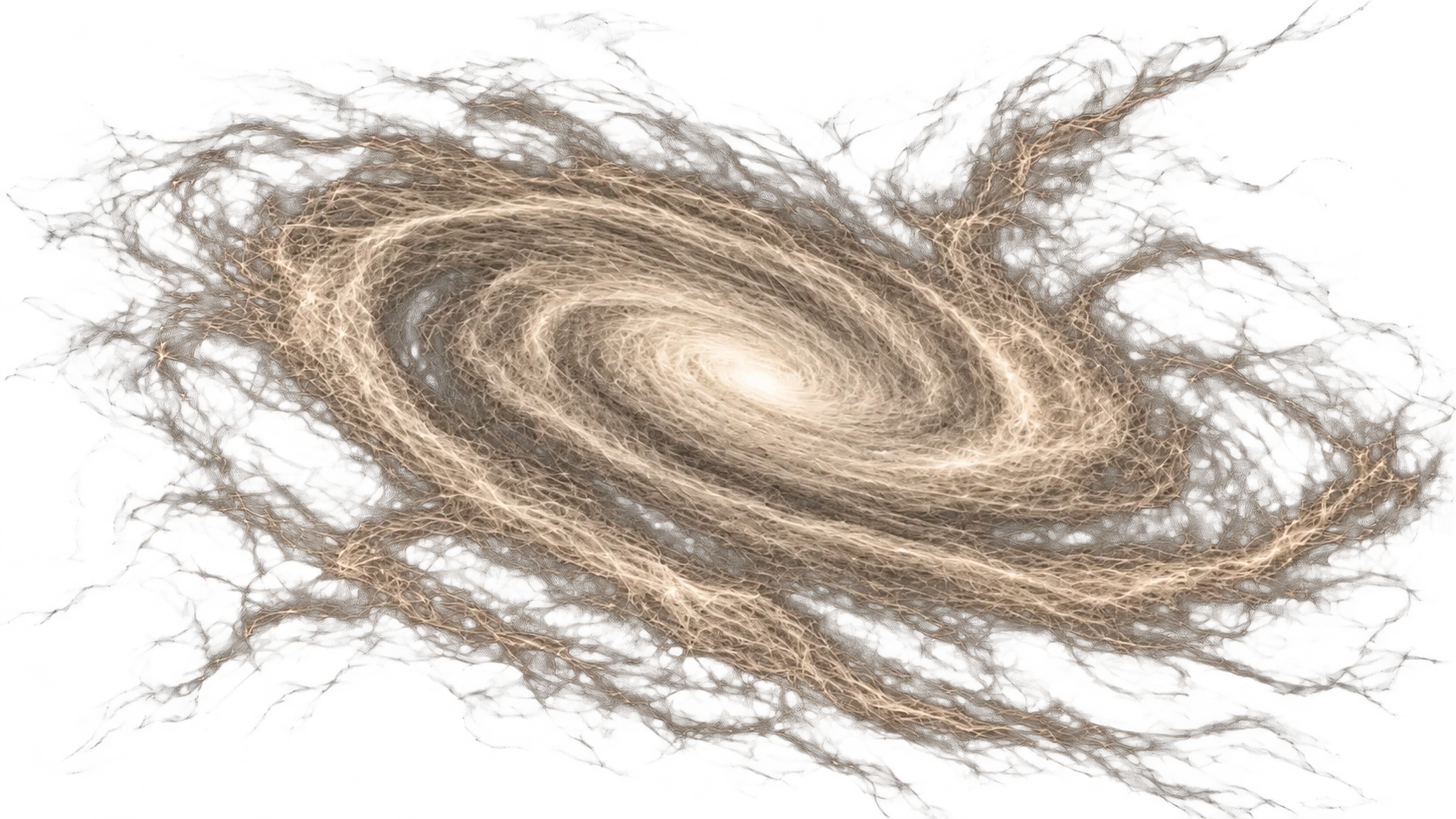 A spiral galaxy rendered as fine filaments winding around a bright core