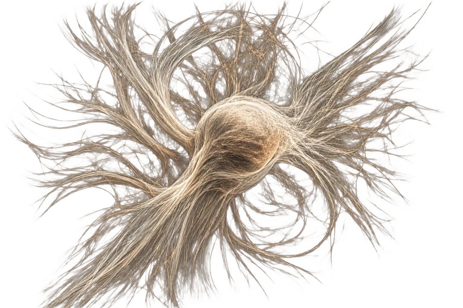 A neuron-like form rendered as thousands of fine filaments radiating outward