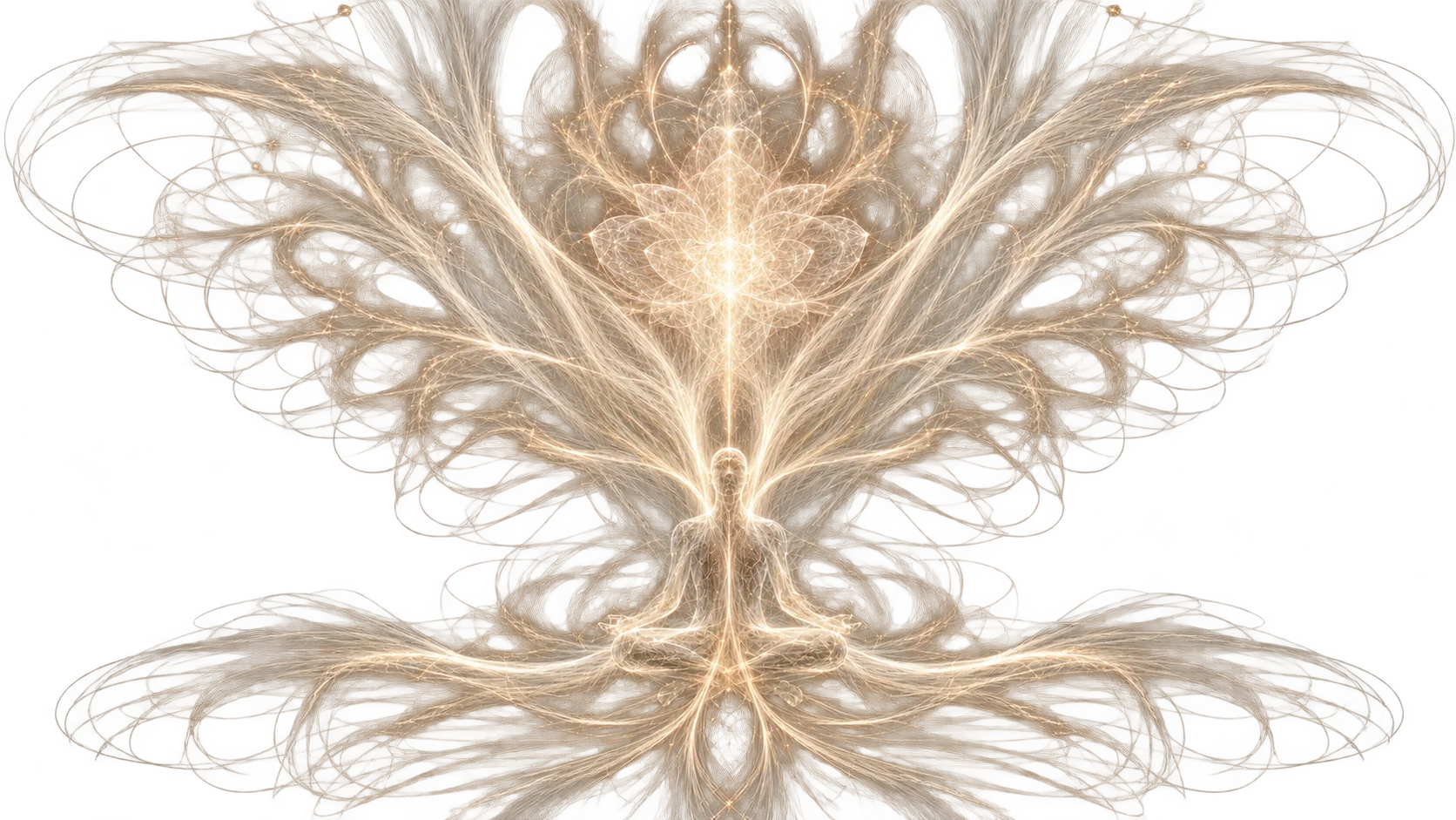 A seated figure with filaments fanning outward into symmetrical wings of light